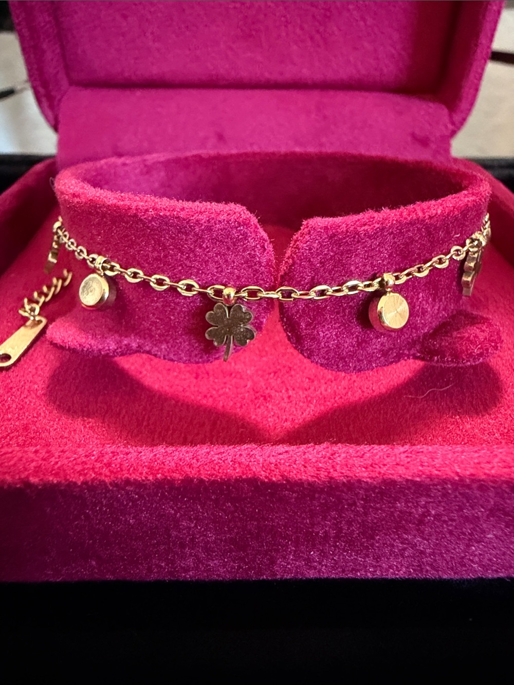 Gold Charm Chain Bracelet with Clover and Disc Charms - Stainless Steel